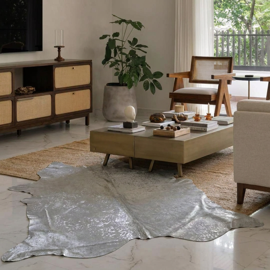 Silver on off-white metallic cowhide rug styled on the pale marble floor of a warm minimal living room