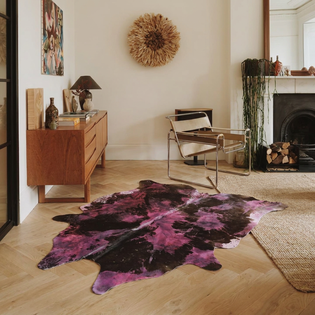 Magenta tie-dye cowhide rug styled on the parquet floor of a calm neutral cream living room