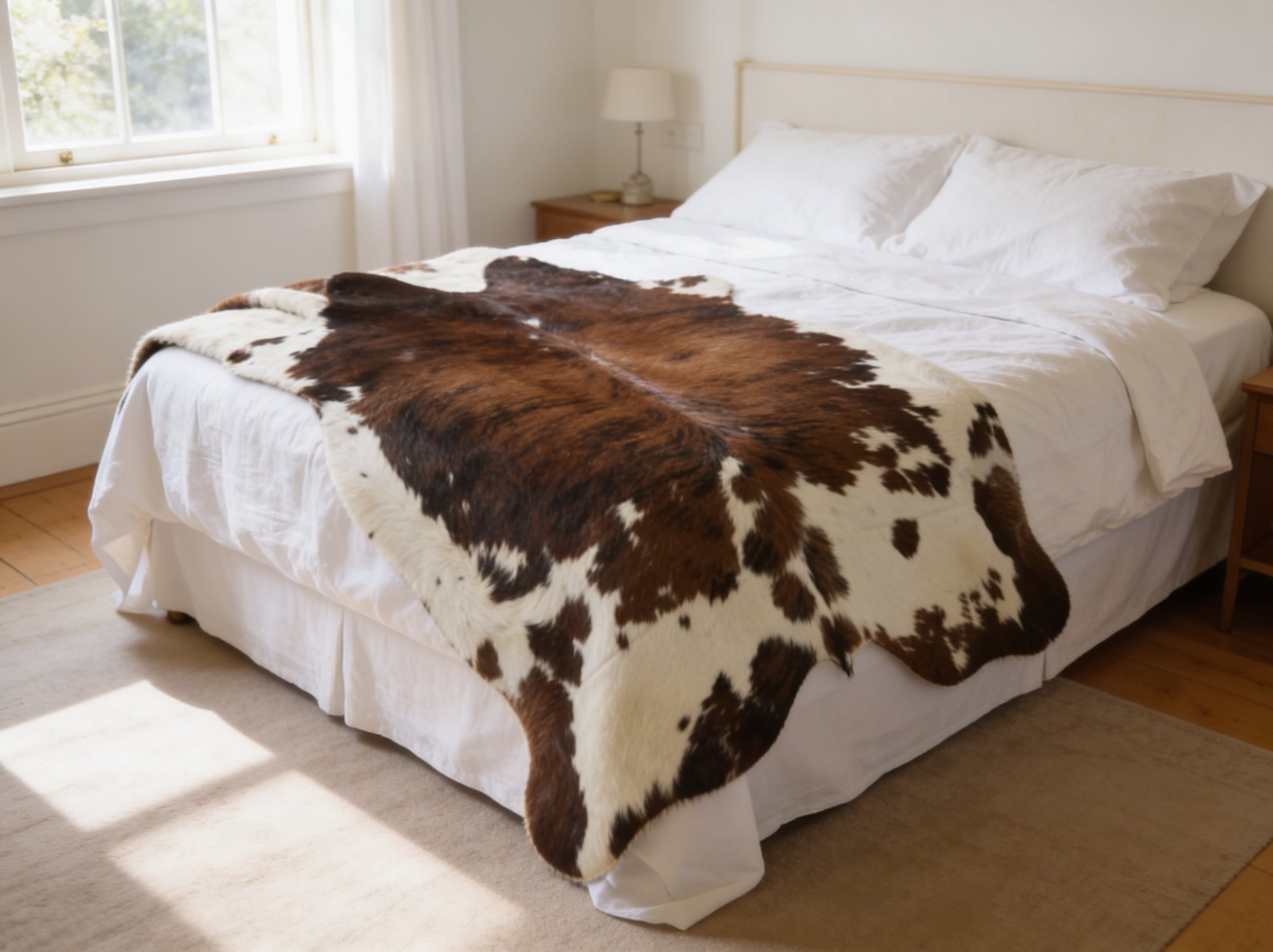 Brindle cowhide rug draped as throw over bed