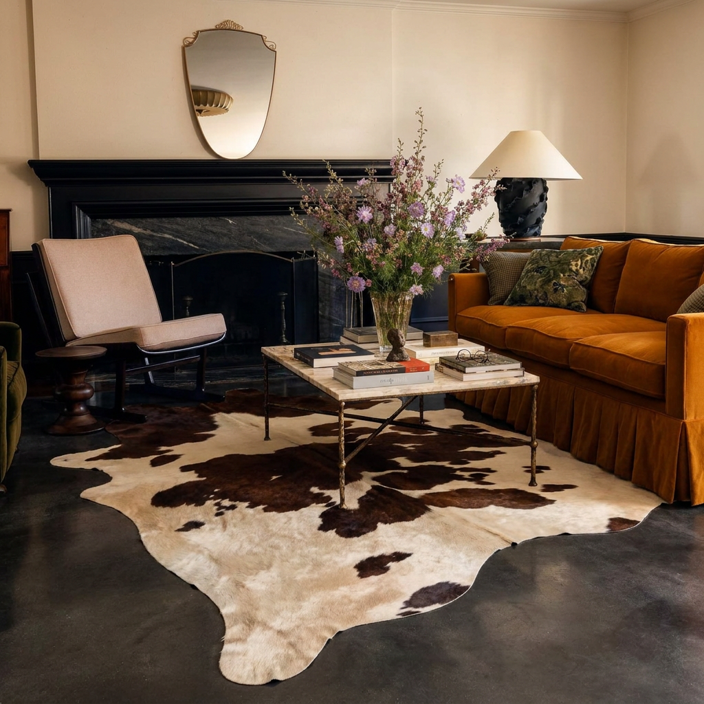 Caramel and ivory exotic printed cowhide rug styled on the floor of an editorial interior