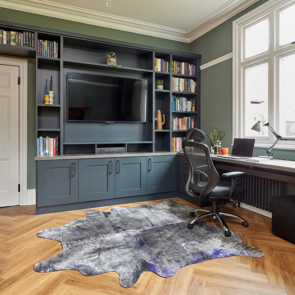 Grey and violet metallic cowhide rug styled on oak herringbone in a green-walled contemporary home office