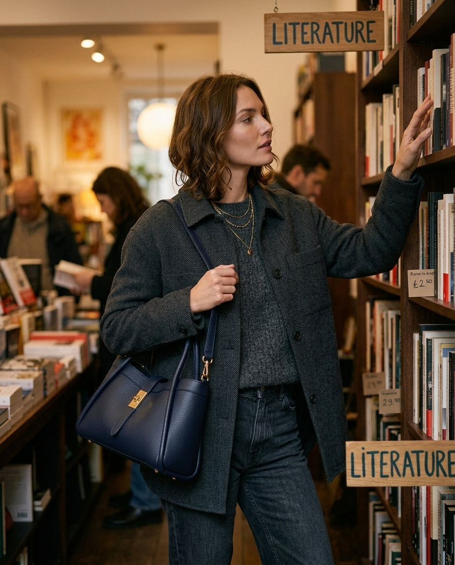 Bianca Leather Tote in Navy — browsing a bookshop, lifestyle