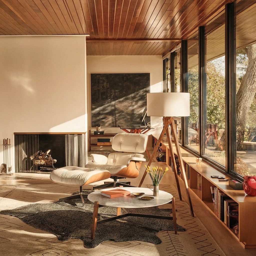Gold speckled metallic cowhide rug layered over a Berber rug in a sunlit mid-century living room