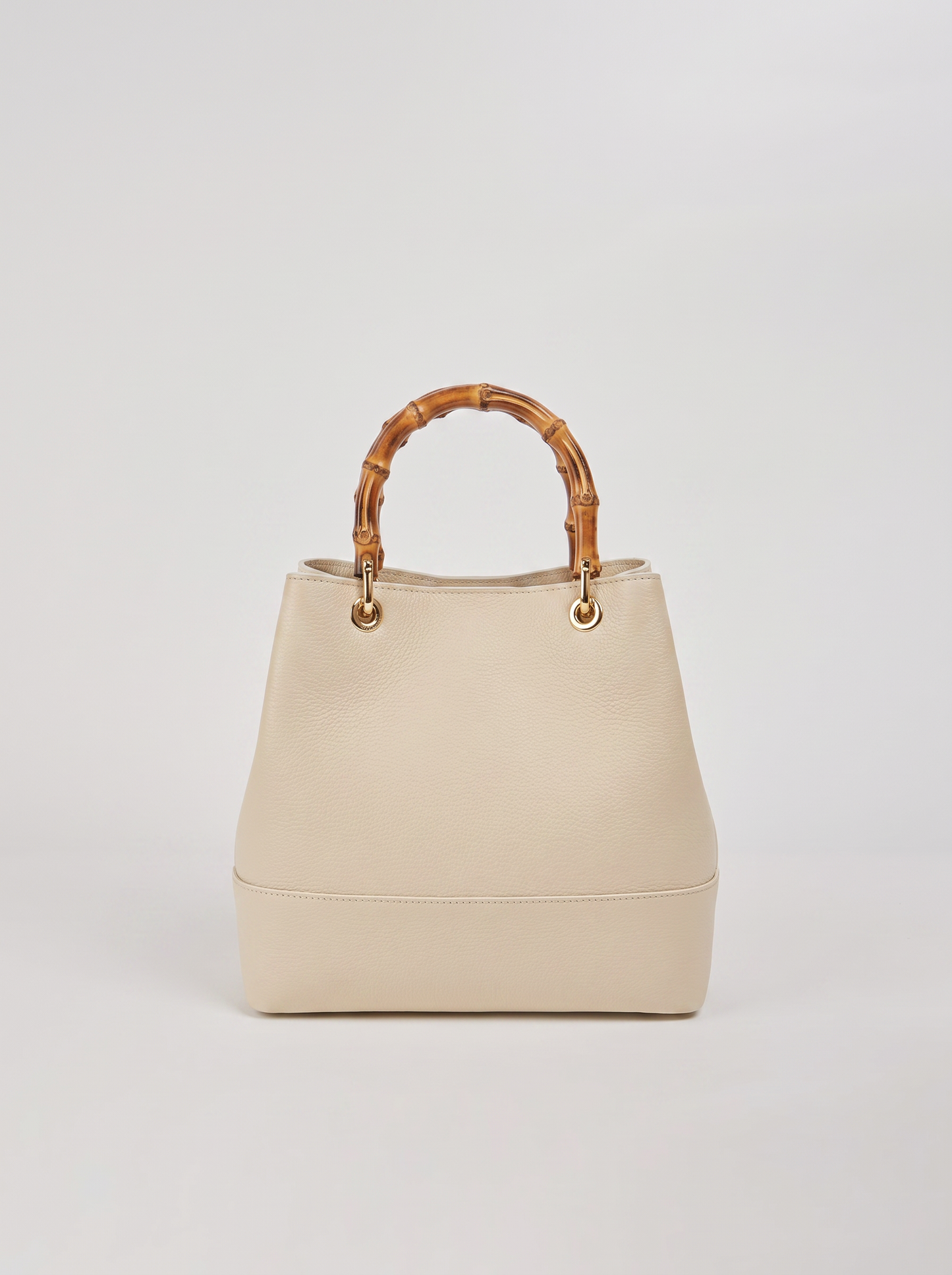 Ginevra Bamboo-Handle Leather Bag by Clemés in White, bucket bag studio shot