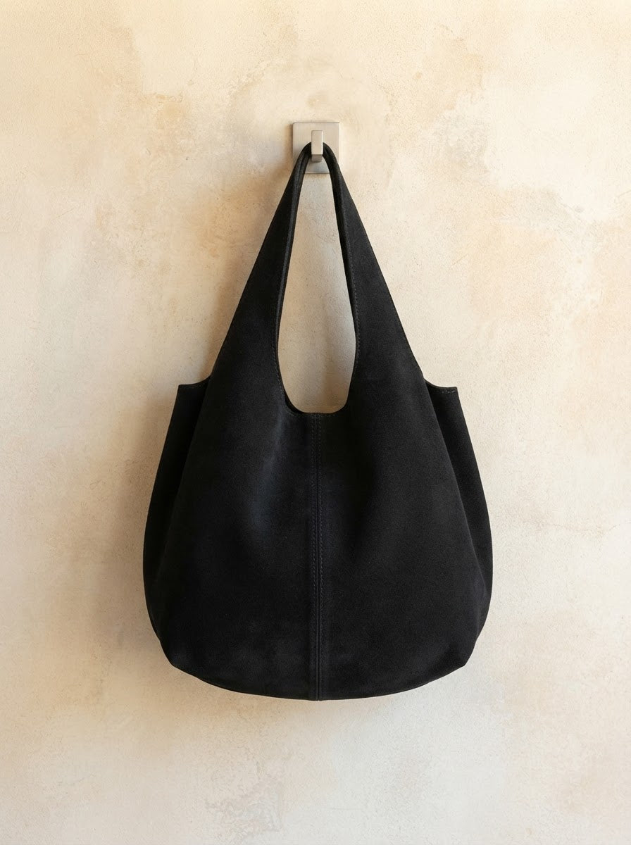 Giannina suede leather shoulder tote by Clemés in Black, hanging main product shot