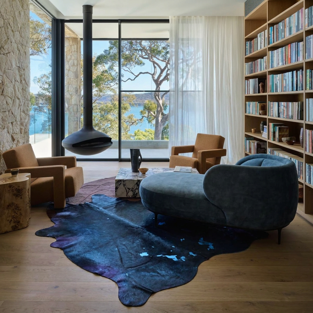 Navy Blue metallic cowhide rug styled on the oak floor of a coastal luxe home library