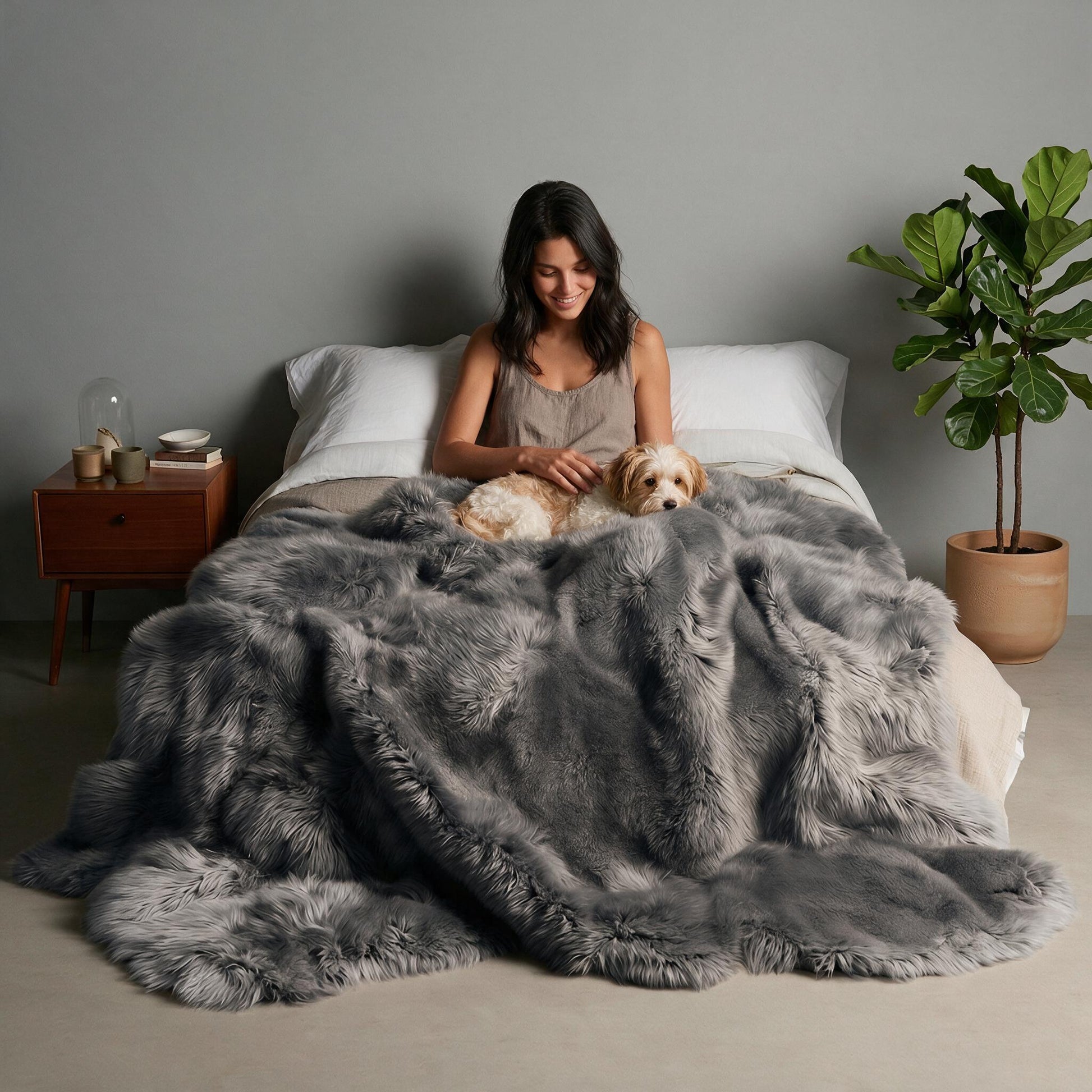 Grey Octo New Zealand sheepskin rug throw styled on a bed, model petting a small dog