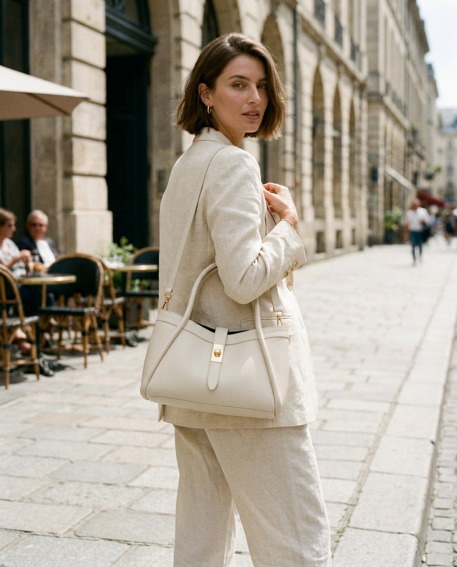 Bianca Leather Tote in Ivory — on the shoulder, lifestyle