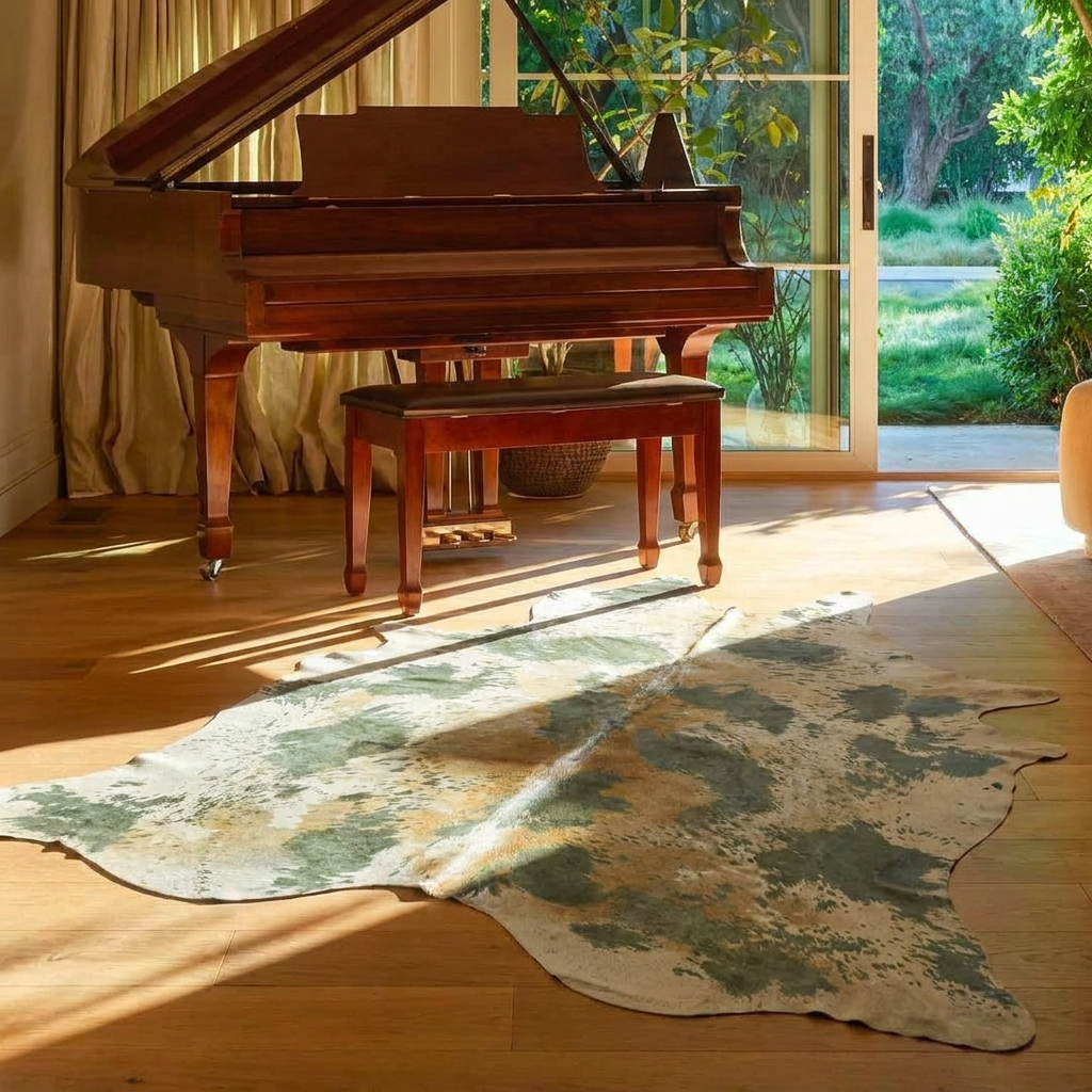 Acid-wash sage green cowhide rug styled on the oak floor of a warm japandi music room