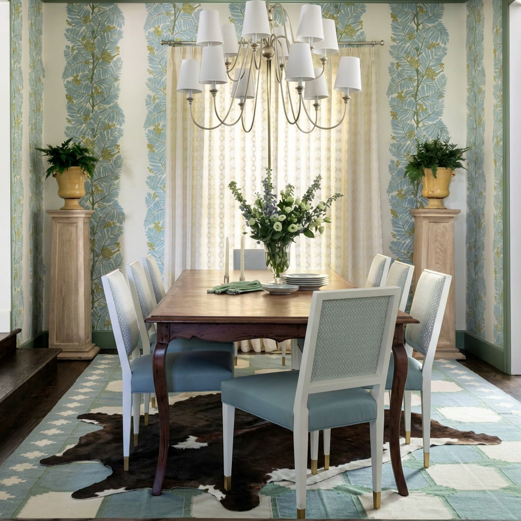 Caramel and ivory exotic printed cowhide rug styled on the floor of an editorial interior