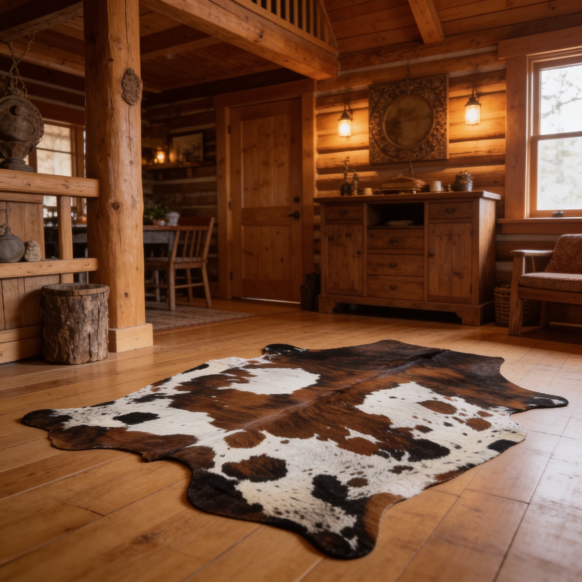 HN-23200 cowhide rug in timber house interior