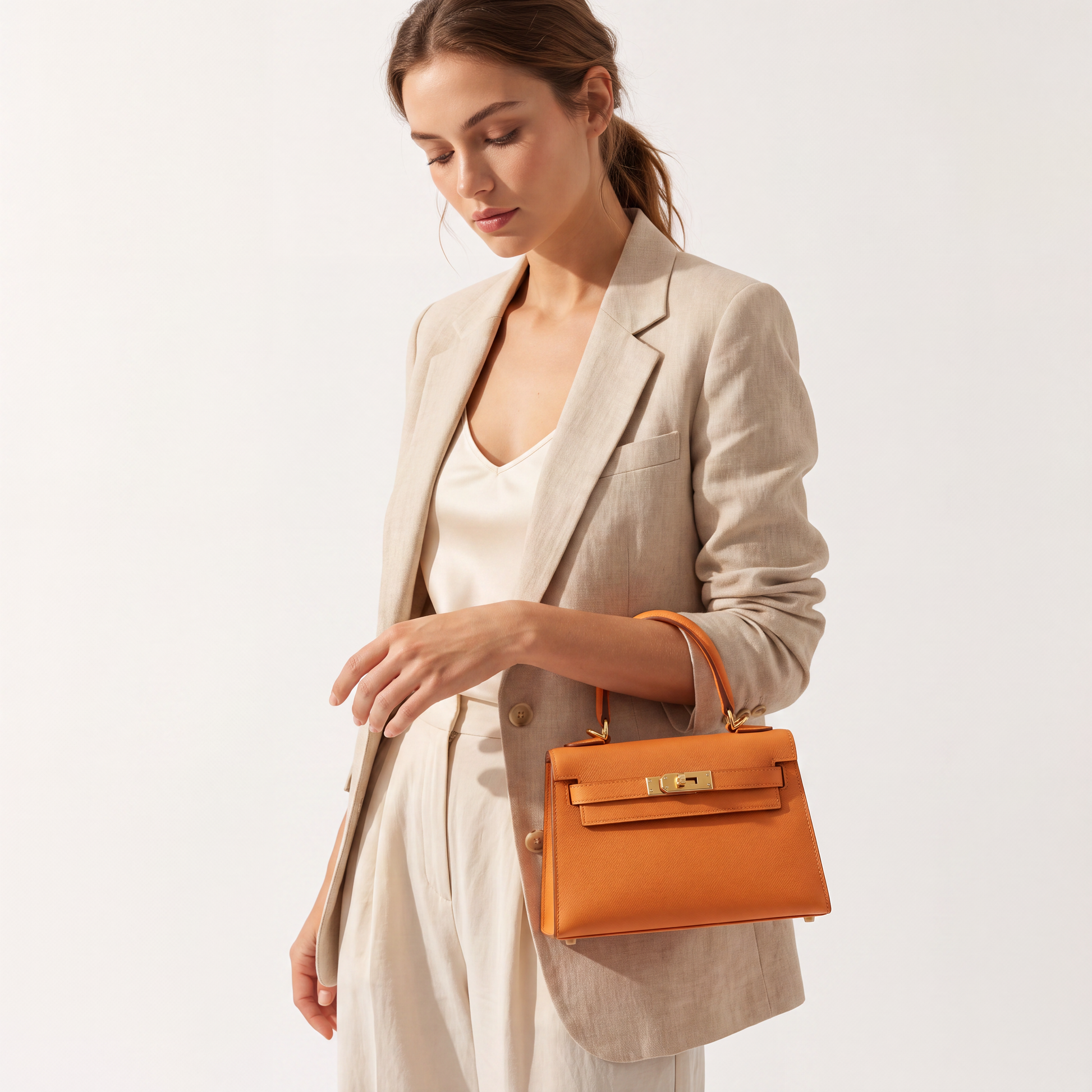 Model carrying the Tangerine Mini Kelly Epsom Leather Handbag Reimagined by Clemés, studio shot
