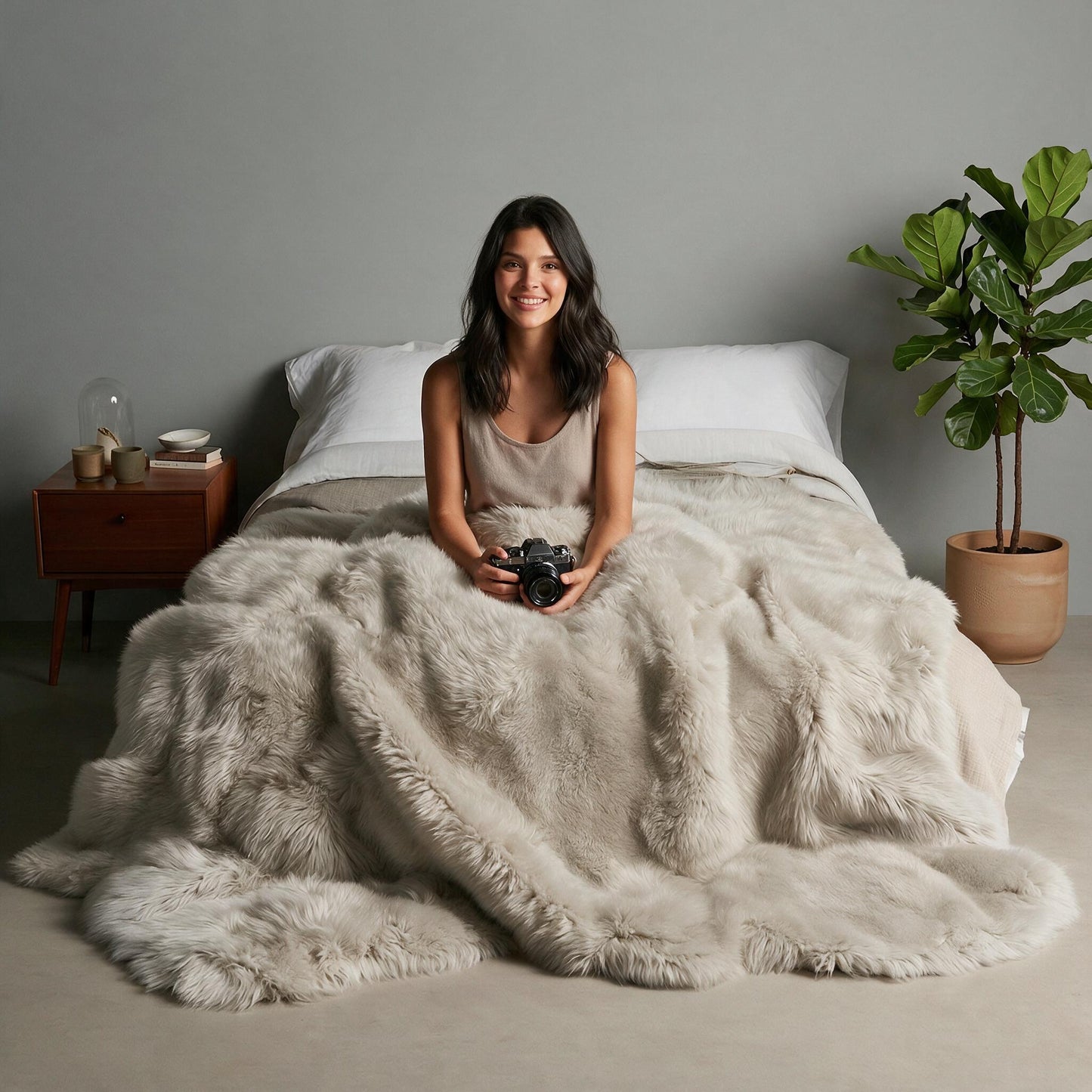 Oyster Octo New Zealand sheepskin rug throw styled on a bed, model holding a vintage camera
