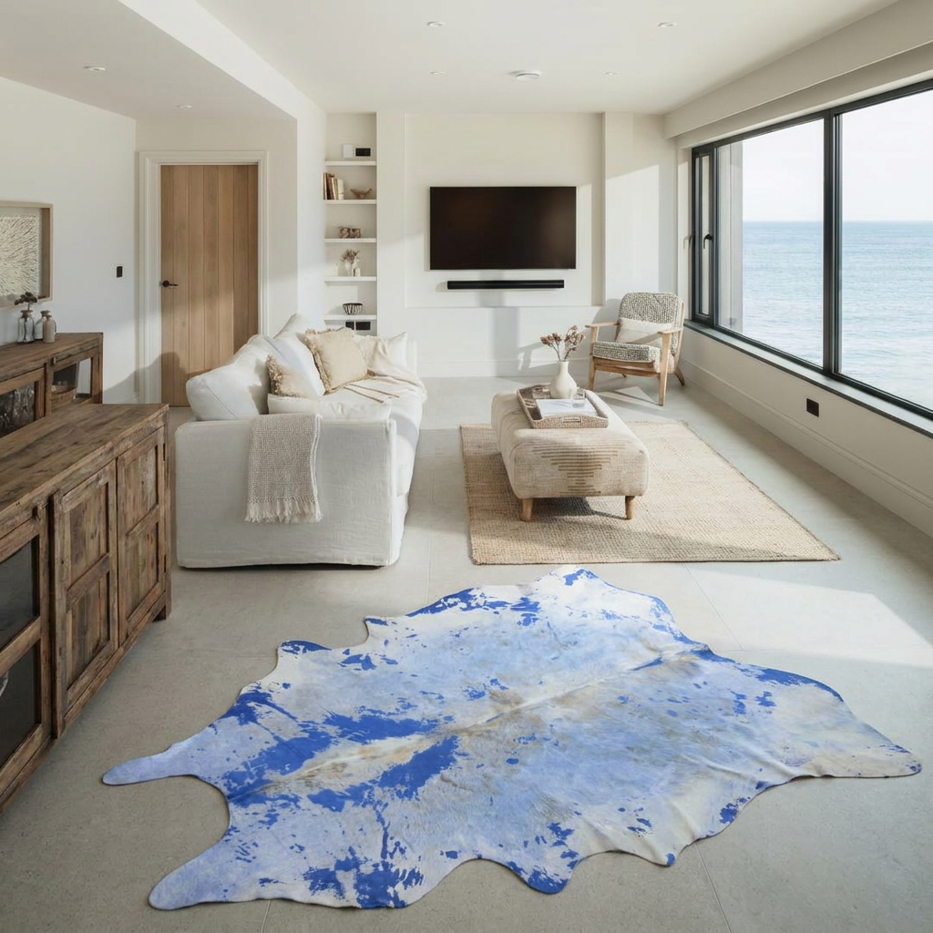 Blue acid wash cowhide rug styled on the stone floor of a coastal luxury living room with sea views
