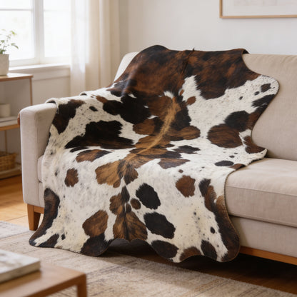HN-23216 cowhide rug draped over sofa
