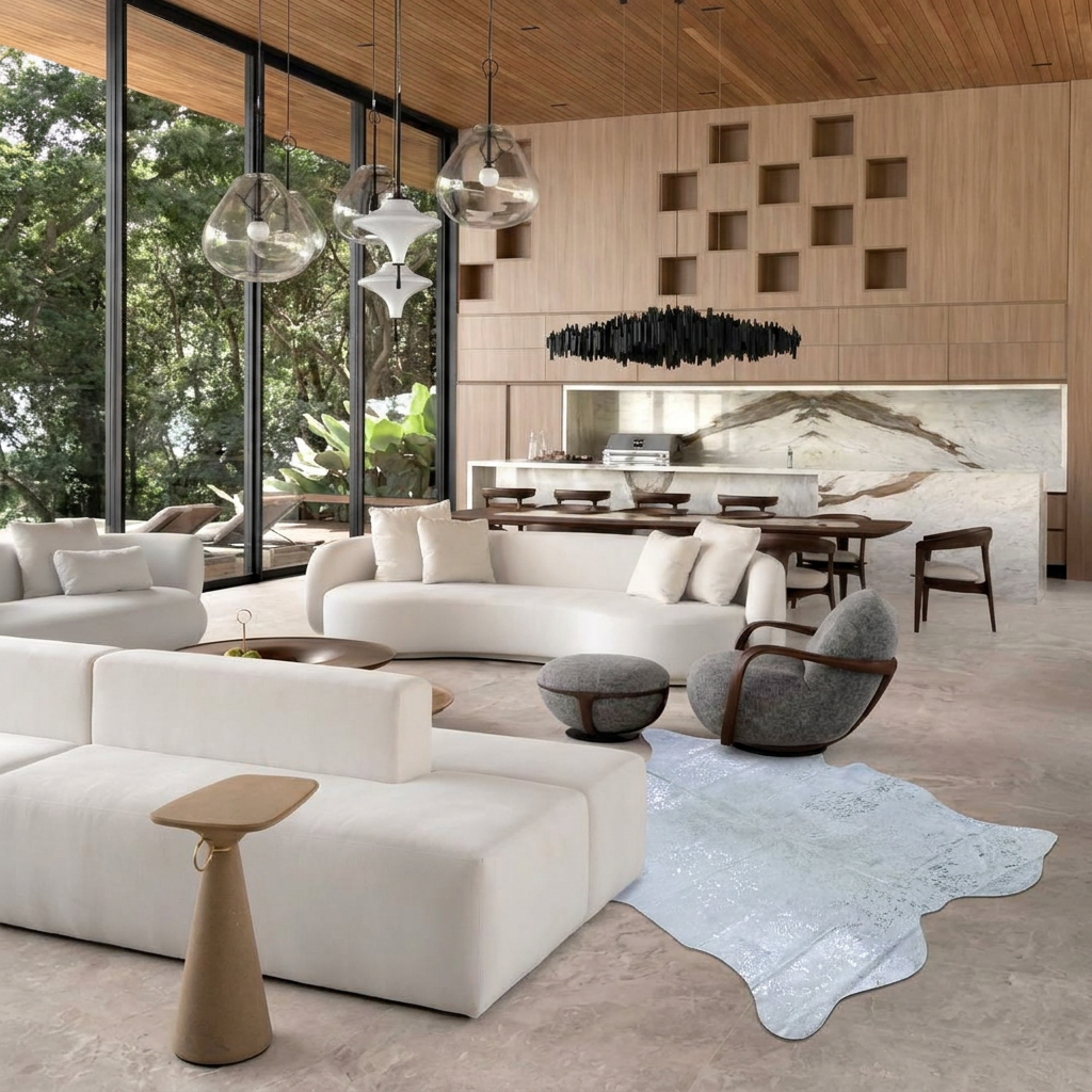 Silver metallic cowhide rug styled on the stone floor of a luxurious modern living room
