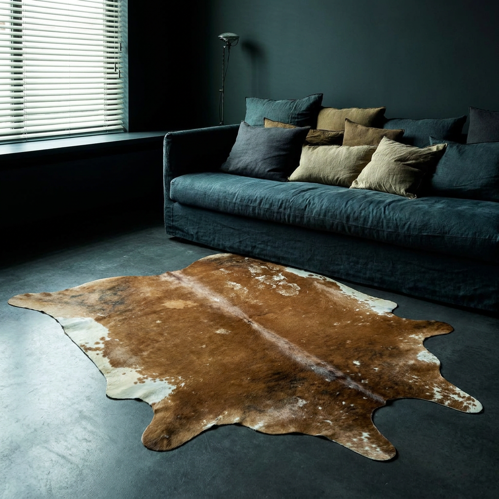 Caramel and ivory exotic printed cowhide rug styled on the floor of an editorial interior