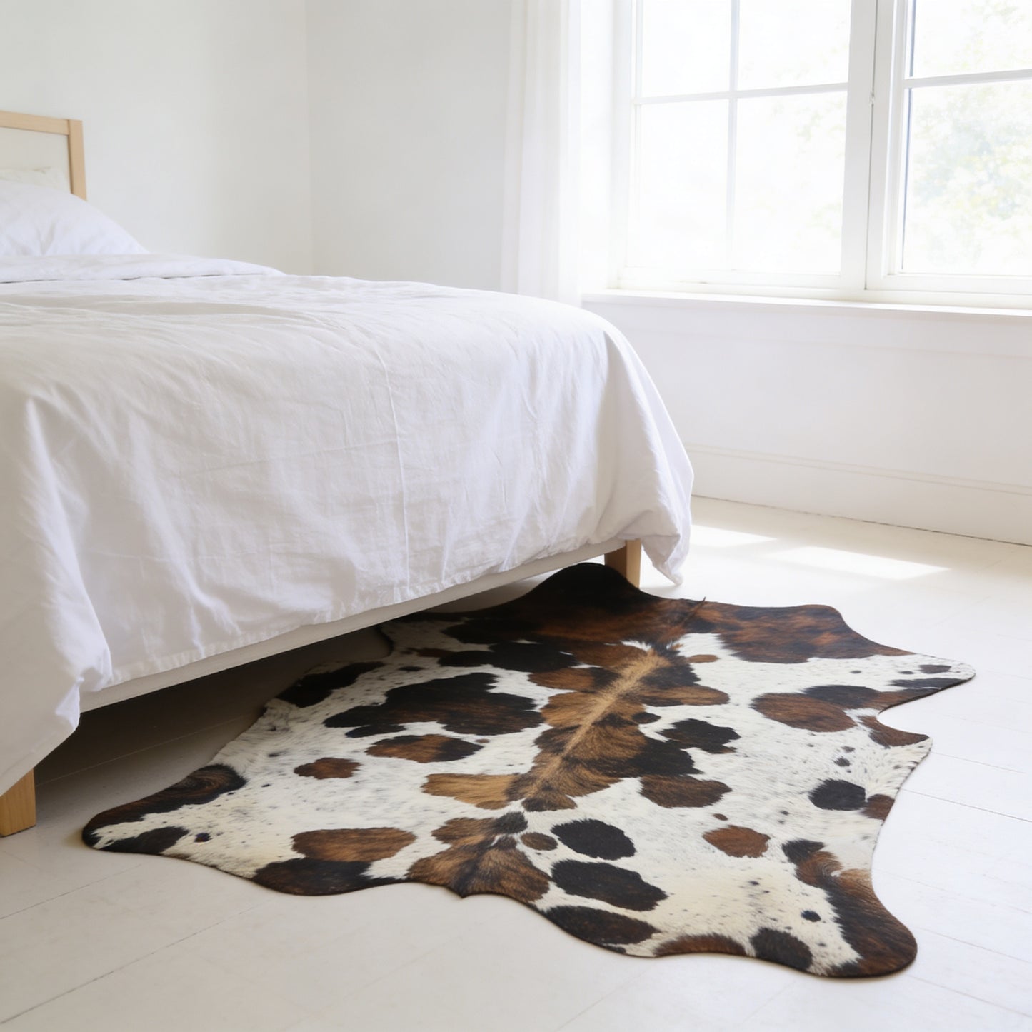 HN-23216 cowhide rug at foot of bed in bedroom