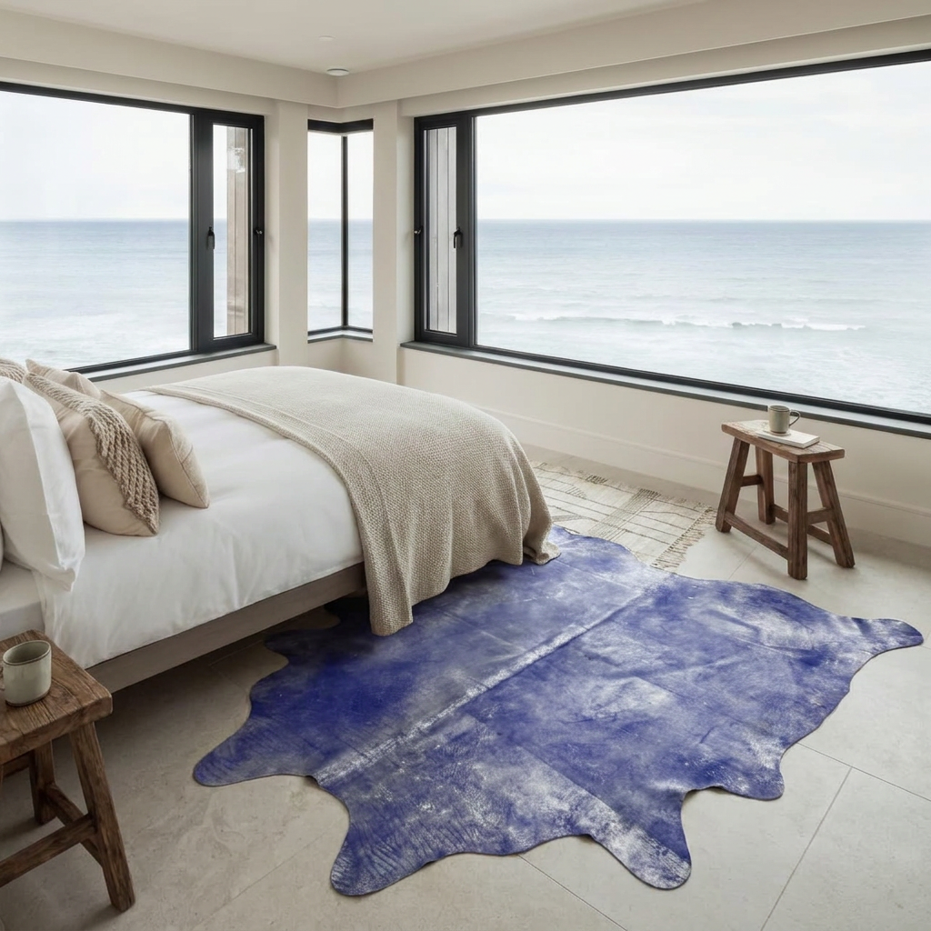 Violet metallic cowhide rug styled at the foot of the bed in a serene coastal bedroom with sea views