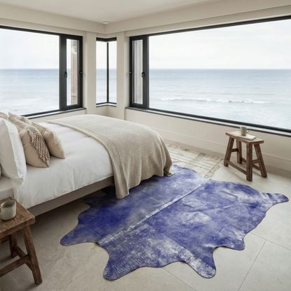 Violet metallic cowhide rug styled at the foot of the bed in a serene coastal bedroom with sea views