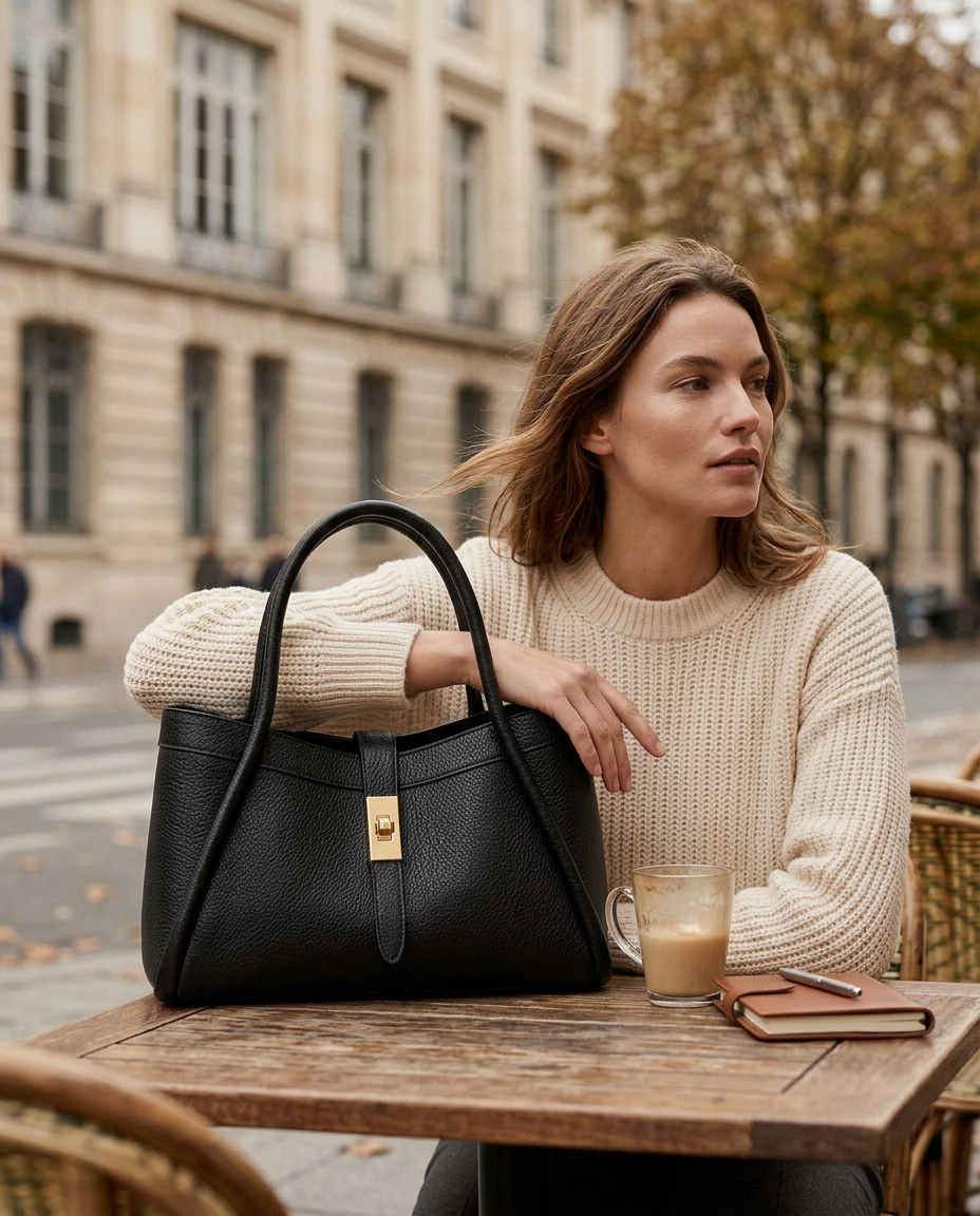 Bianca Leather Tote in Black — at an outdoor café, lifestyle