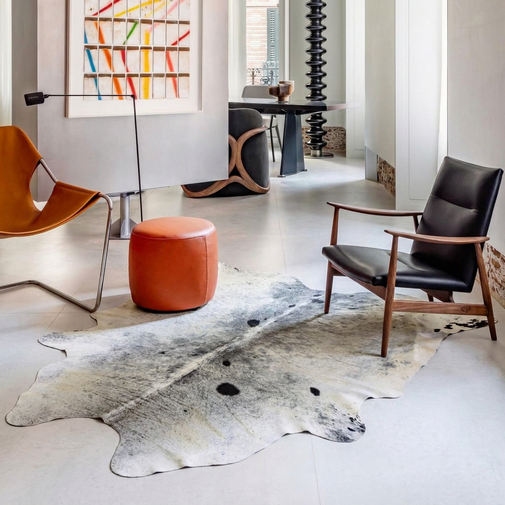Salt and pepper grey cowhide rug styled on the concrete floor of a cool minimal apartment living room