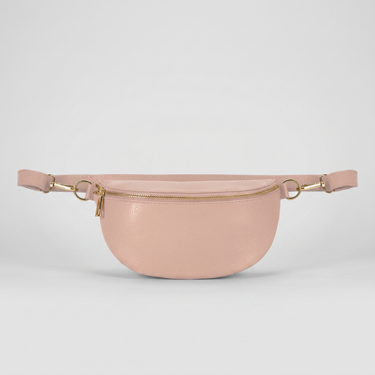 Romy leather crossbody bum bag in Smoke Rose on light grey studio background