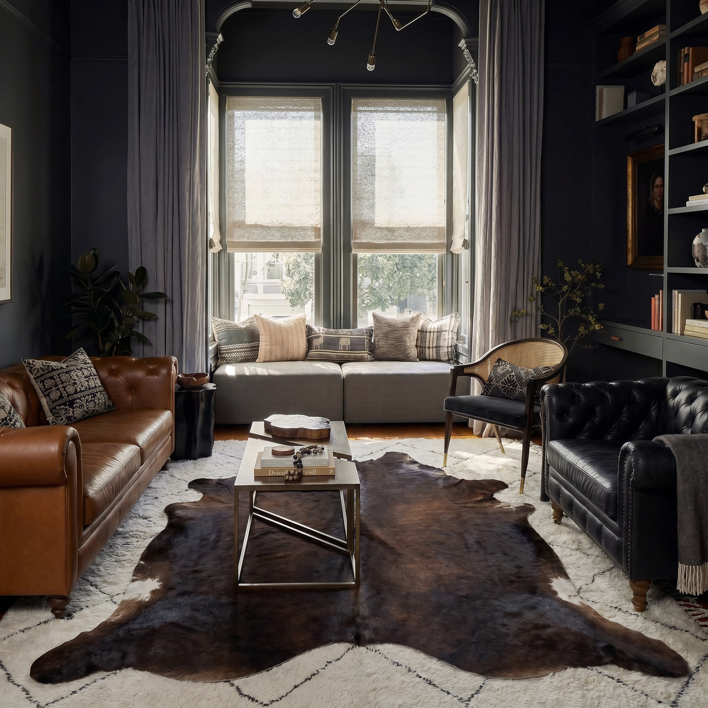 Dark chocolate cowhide rug styled on the floor of a bright modern living room
