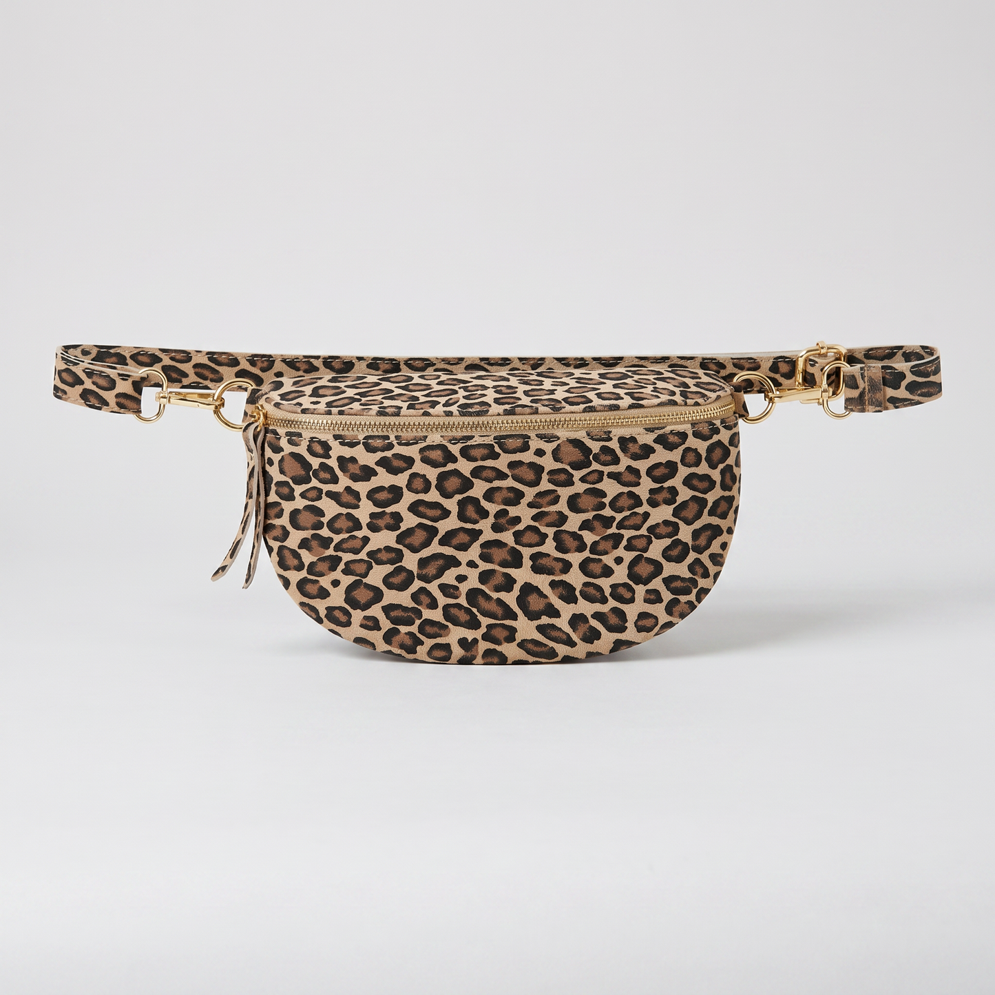 Romy Leopard Crossbody Bum Bag in Matt Light Taupe Leopard on light grey studio background