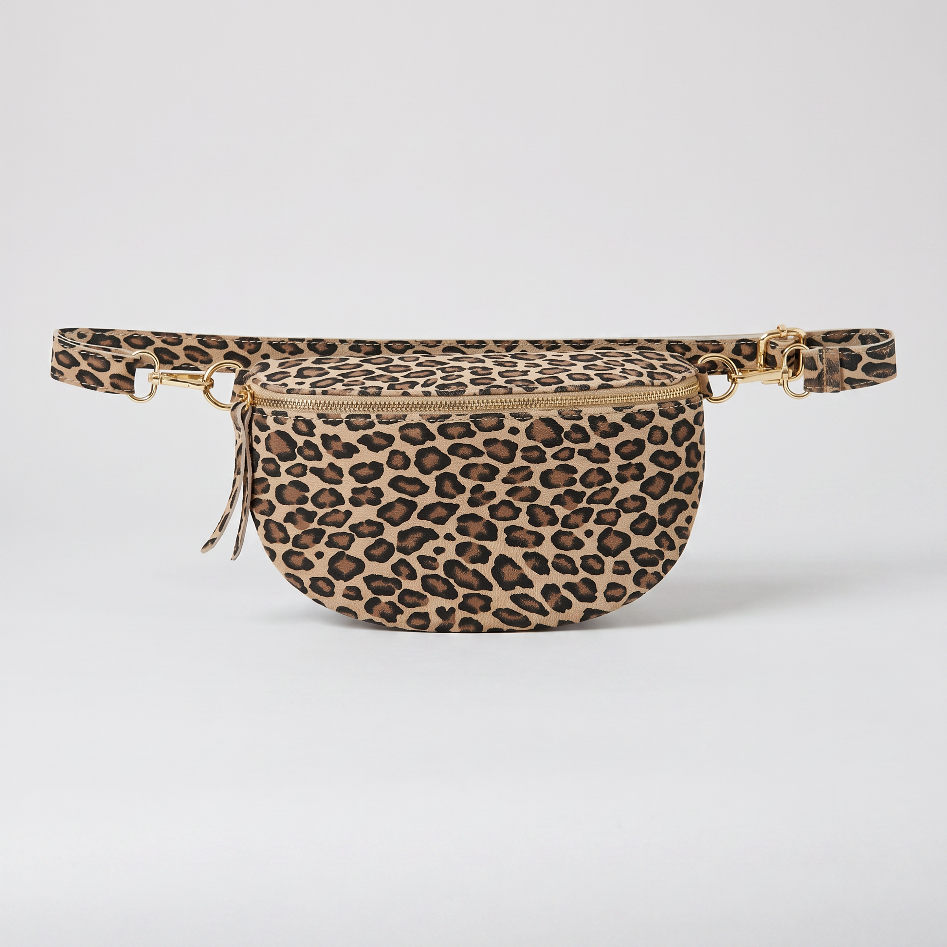 Romy Leopard Crossbody Bum Bag in Matt Light Taupe Leopard on light grey studio background