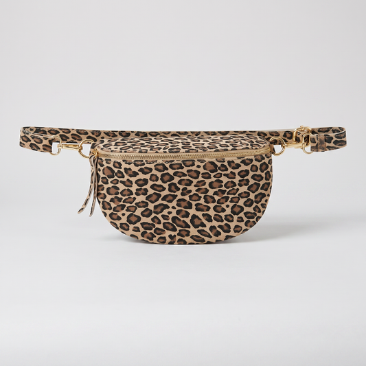 Romy Leopard Crossbody Bum Bag in Matt Light Taupe Leopard on light grey studio background