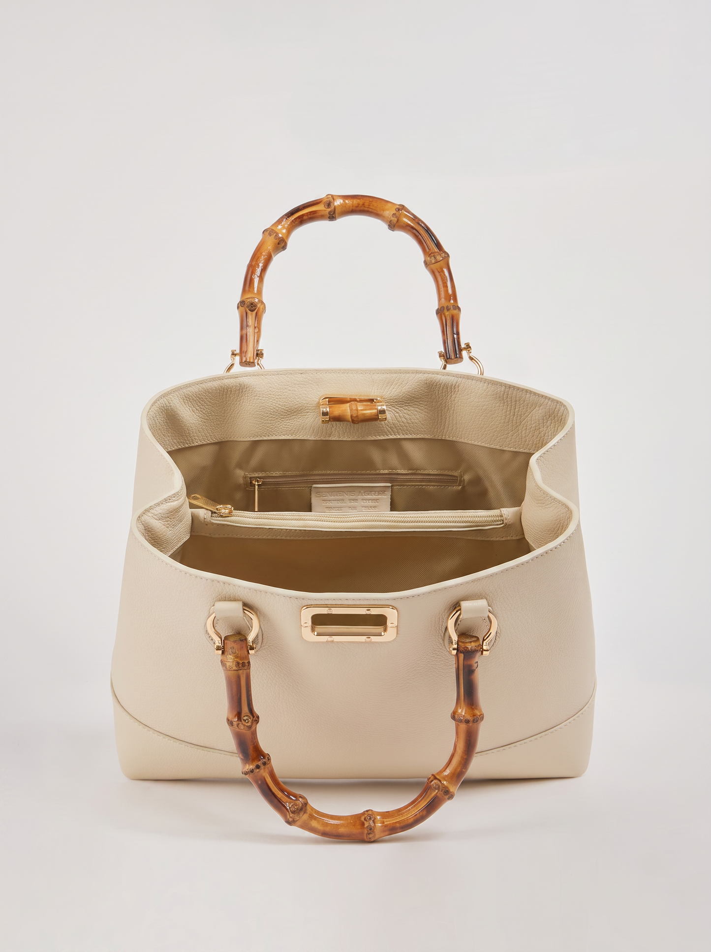 Ginevra Bamboo-Handle Leather Bag by Clemés in White, interior view