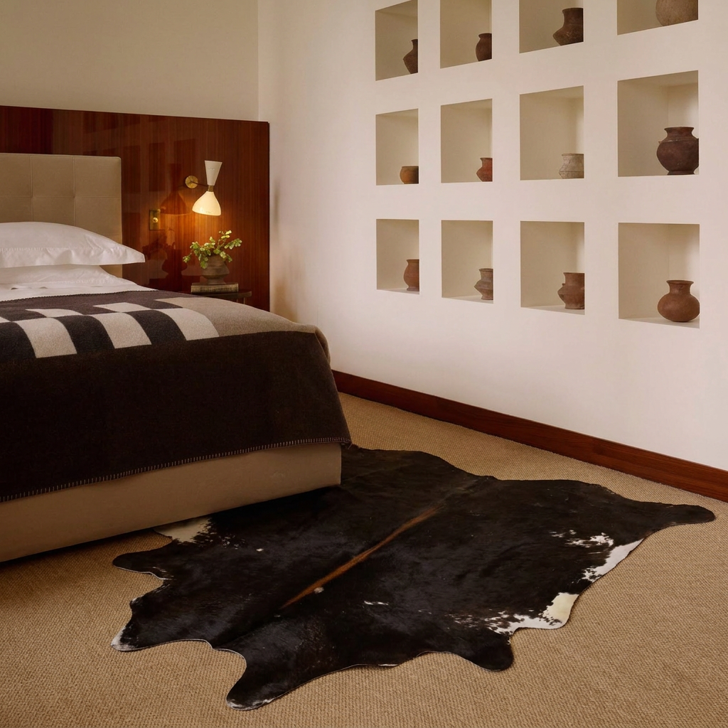 Caramel and ivory exotic printed cowhide rug styled on the floor of an editorial interior