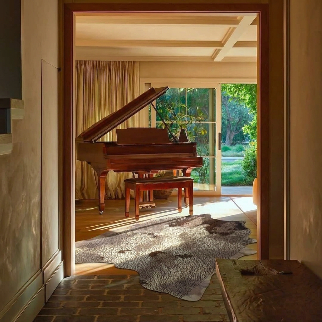 Distressed brown and grey acid-wash cowhide rug styled in front of a grand piano in a sunlit music room