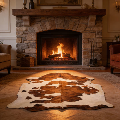 HN-23223 cowhide rug in living room with fireplace