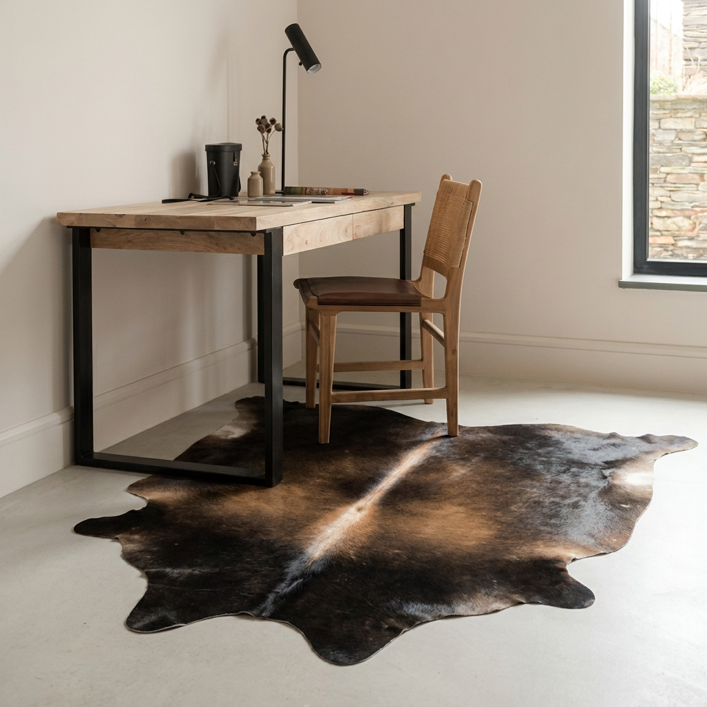 Natural cowhide rug styled on the floor of an editorial interior room