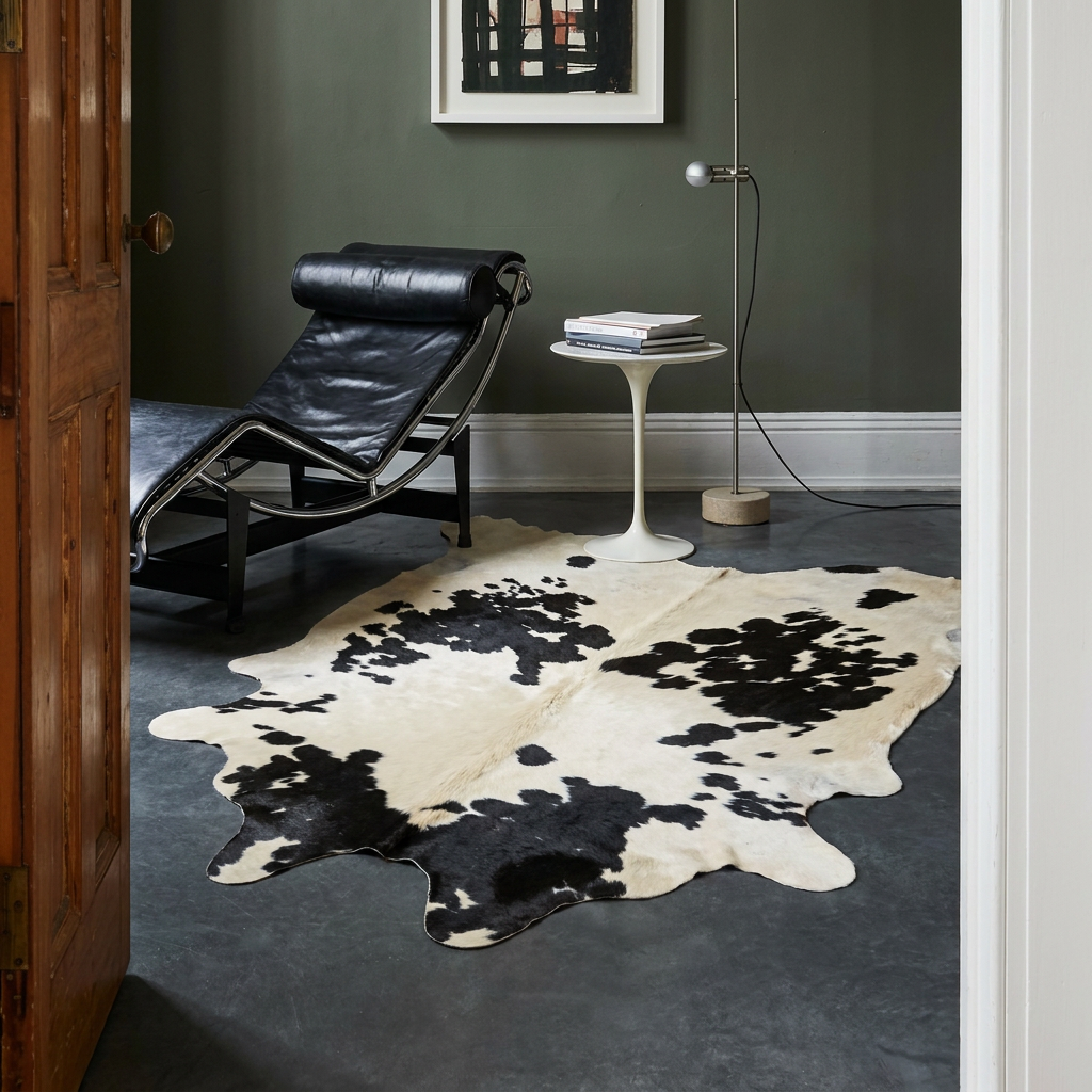 Caramel and ivory exotic printed cowhide rug styled on the floor of an editorial interior