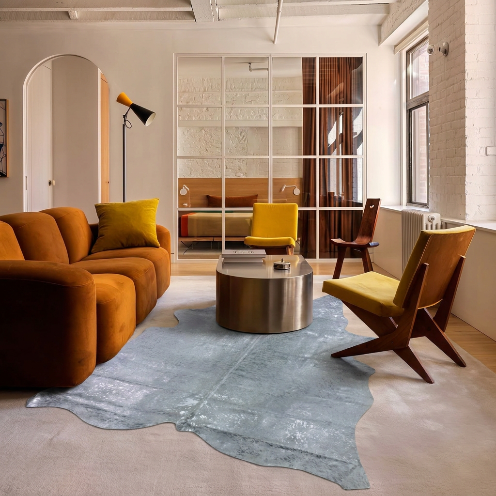 Silver on off-white metallic cowhide rug styled beside a brushed-steel coffee table in an industrial loft living room