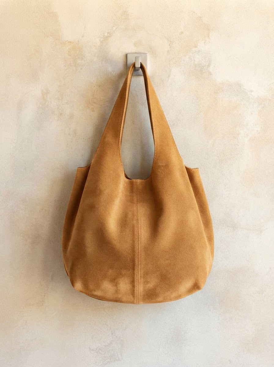 Giannina suede leather shoulder tote by Clemés in Tan, hanging main product shot