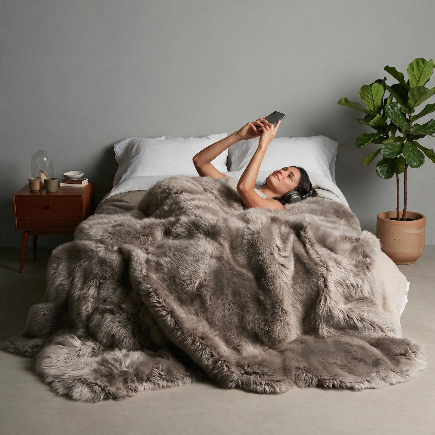 Taupe Octo New Zealand sheepskin rug throw styled on a bed, model on her back with headphones and phone