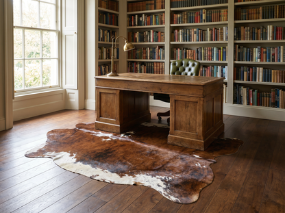 Brindle cowhide rug in British home office under desk