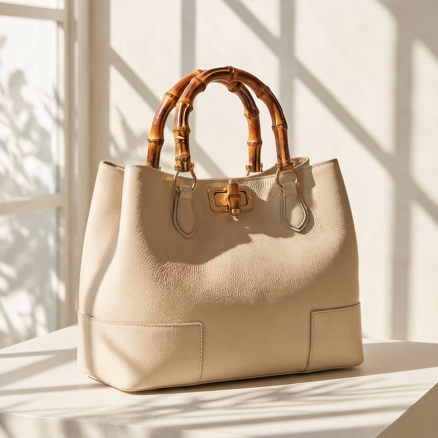 Ginevra Bamboo-Handle Leather Bag by Clemés in Light Taupe, three-quarter studio shot on grey background