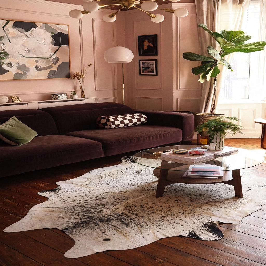 Brown and white speckled cowhide rug styled on dark floorboards in a blush-pink sitting room