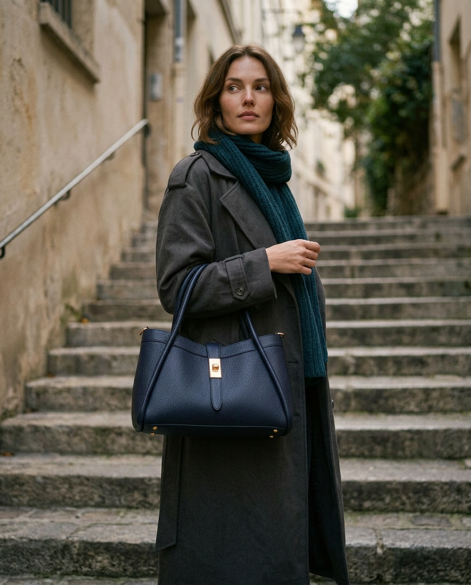 Bianca Leather Tote in Navy — on stone steps, lifestyle