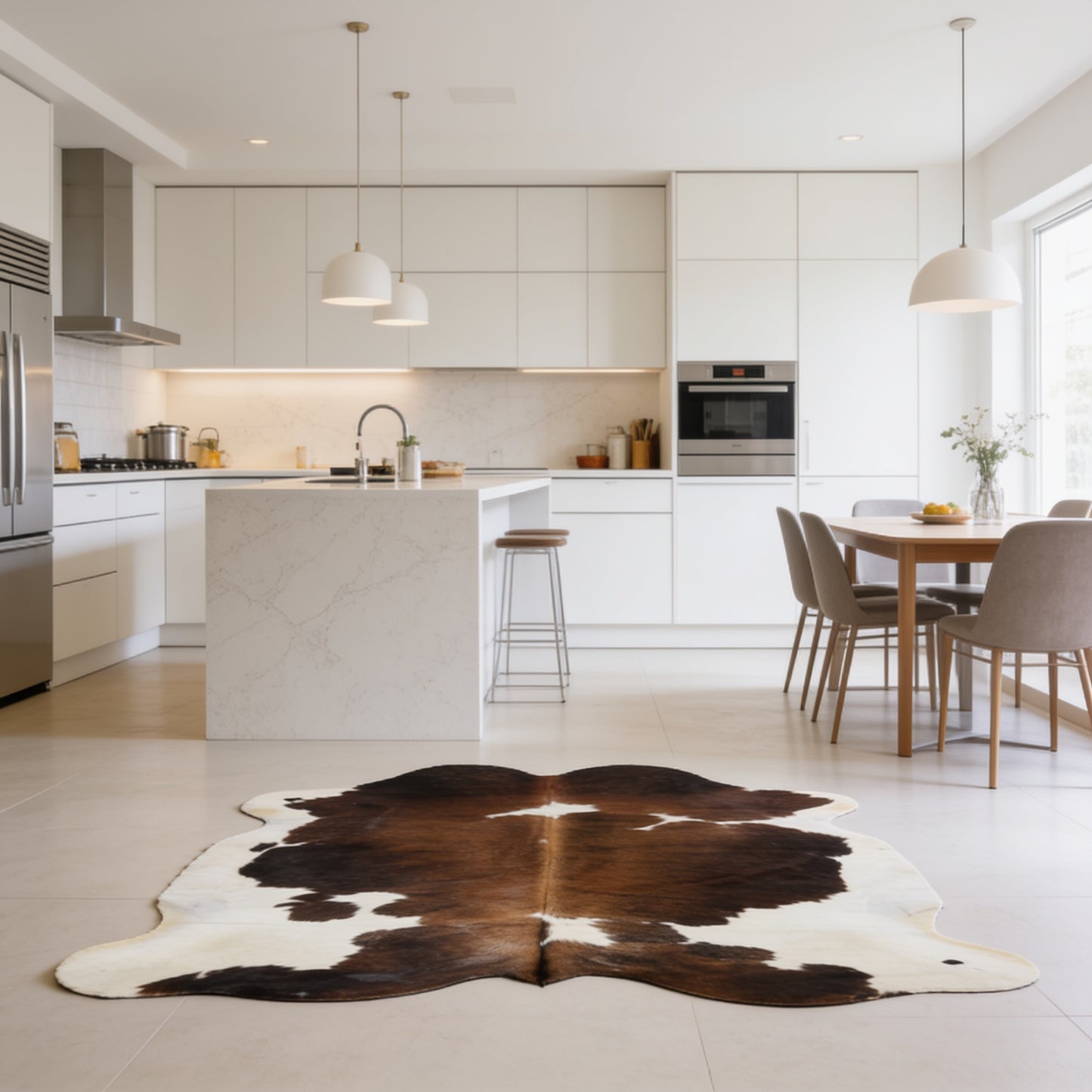 HN-23396 cowhide rug in kitchen dining area