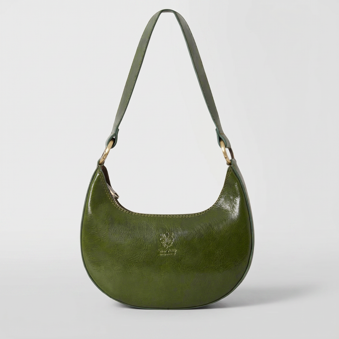 Mezzaluna leather shoulder bag in Dark Olive on light grey studio background