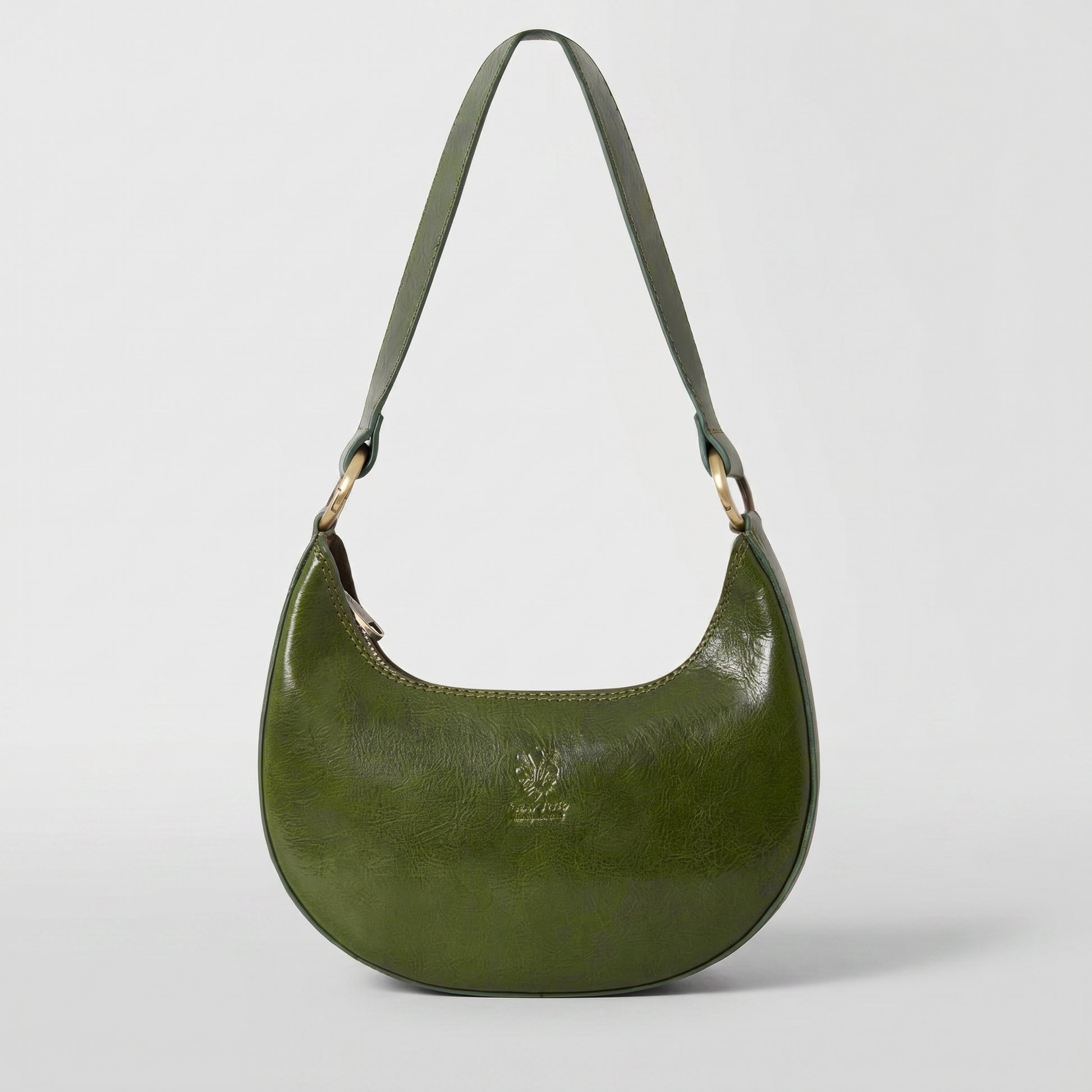 Mezzaluna leather shoulder bag in Dark Olive on light grey studio background