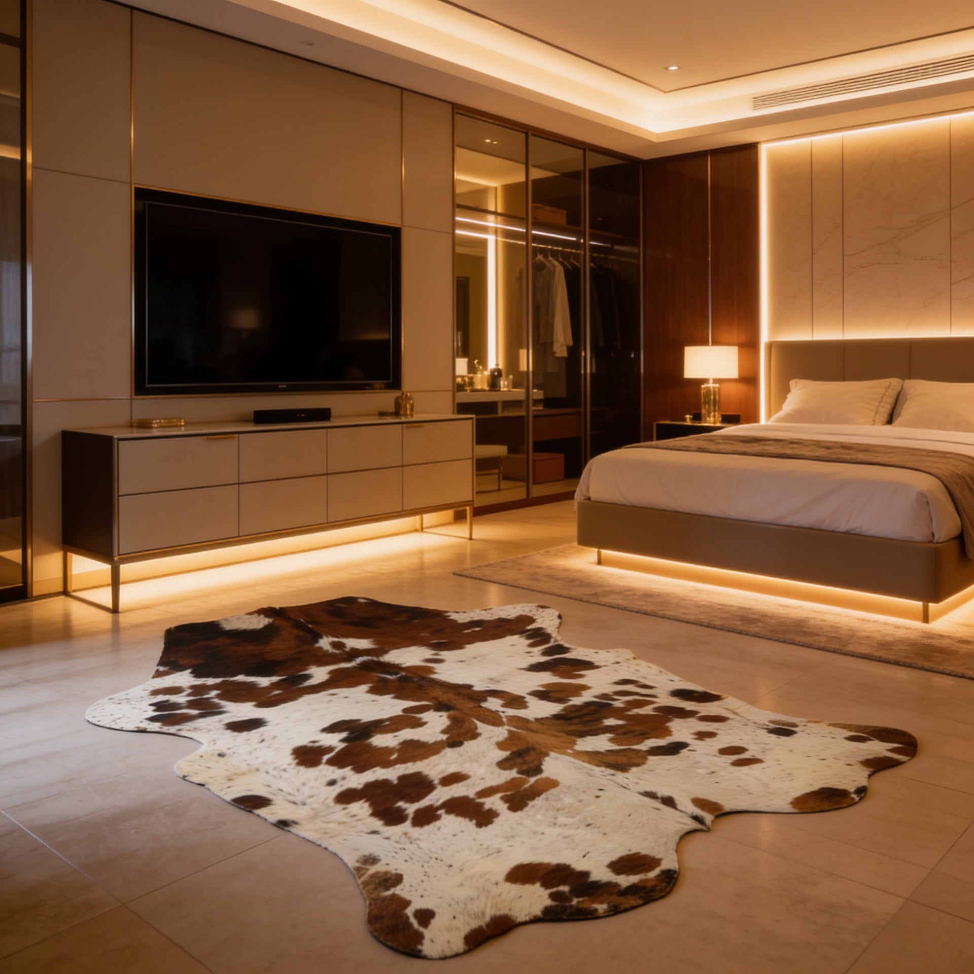 HN-23317 cowhide rug in luxury bedroom suite