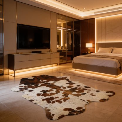 HN-23317 cowhide rug in luxury bedroom suite