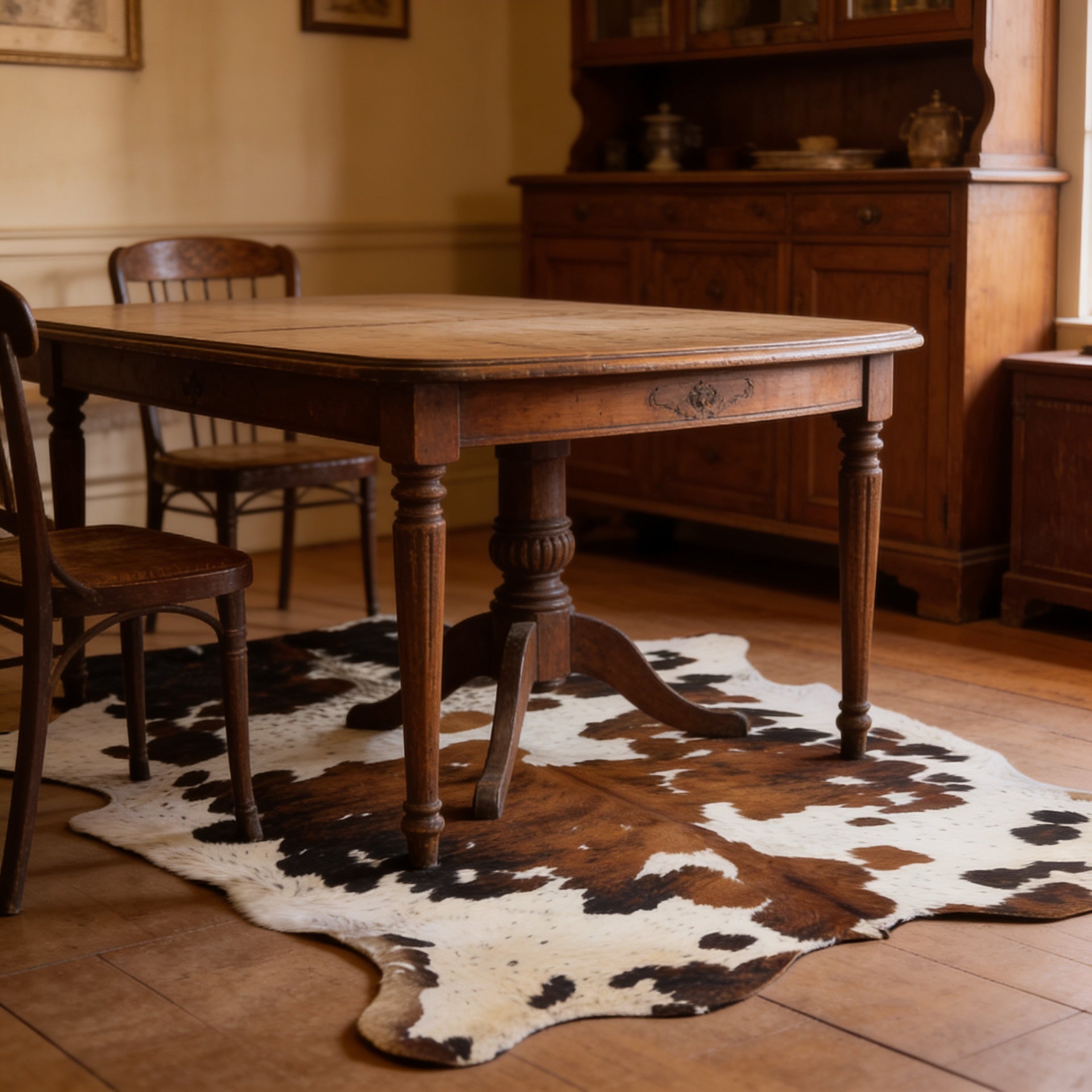 HN-23207 cowhide rug under vintage dining table